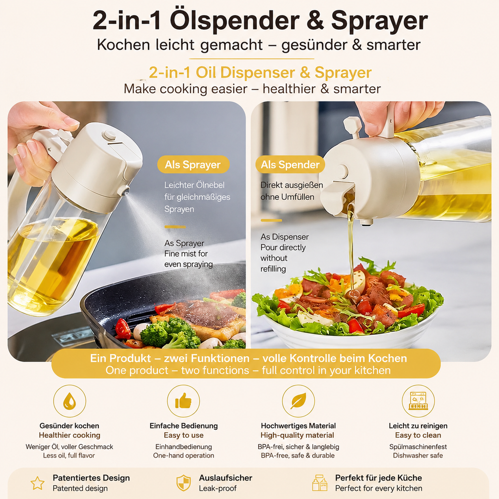 470 ml 2-in-1 Olivenöl Sprühflasche – Glas Ölspender für Küche, BBQ & Airfryer