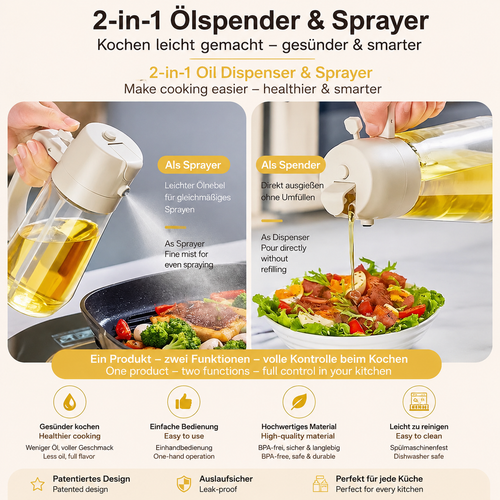 470 ml 2-in-1 Olivenöl Sprühflasche – Glas Ölspender für Küche, BBQ & Airfryer