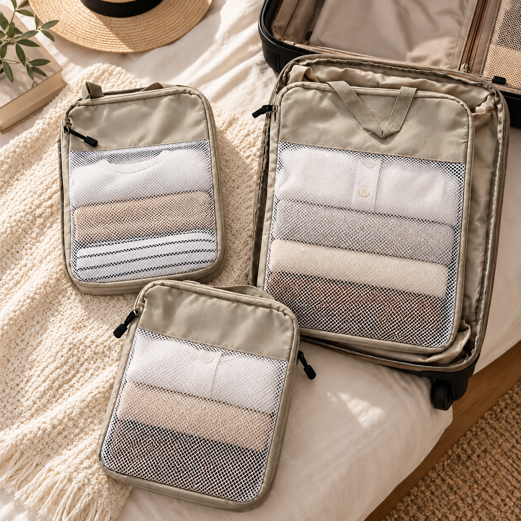 3-teiliges Kompressions-Packwürfel-Set für Reisen – Beige