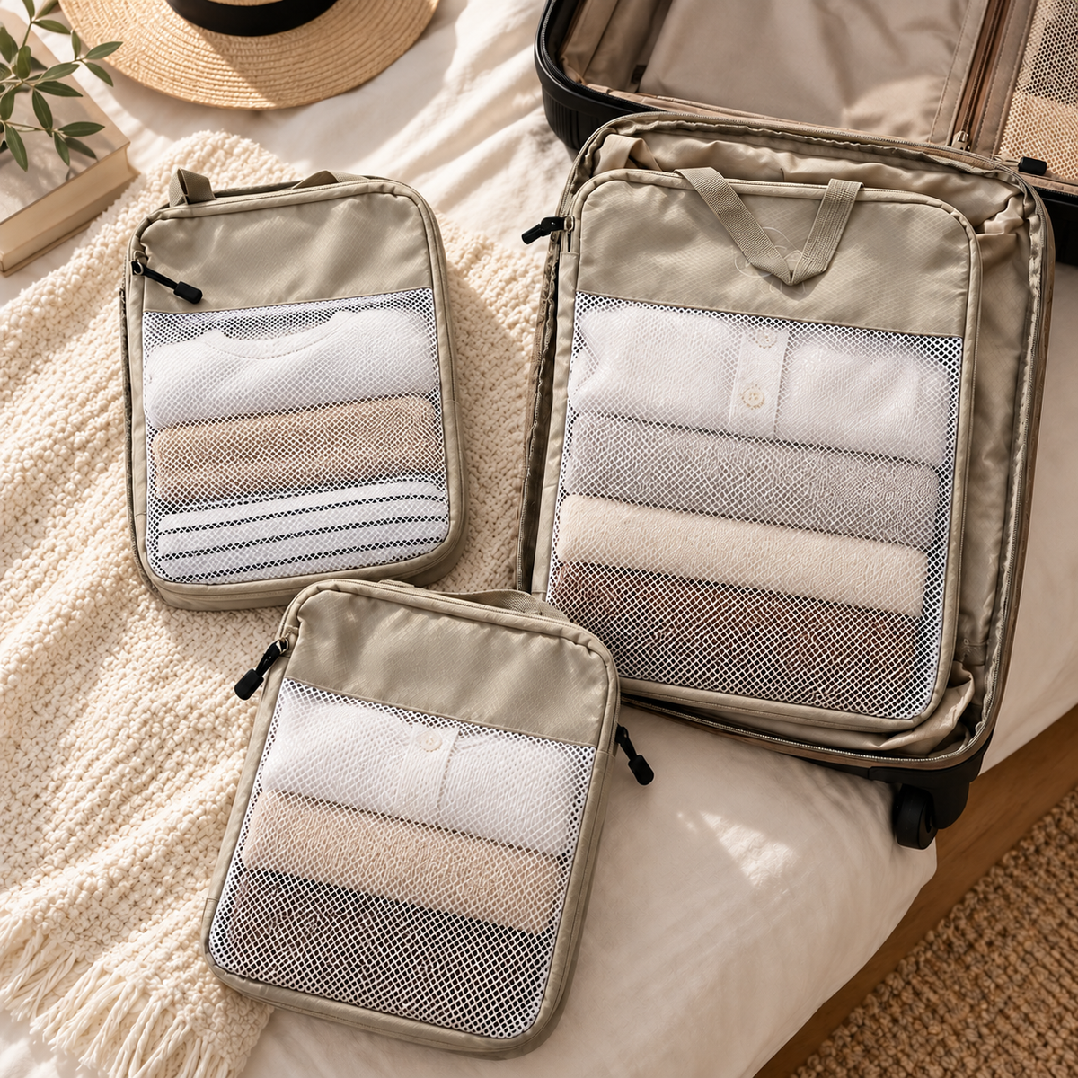 3-teiliges Kompressions-Packwürfel-Set für Reisen – Beige