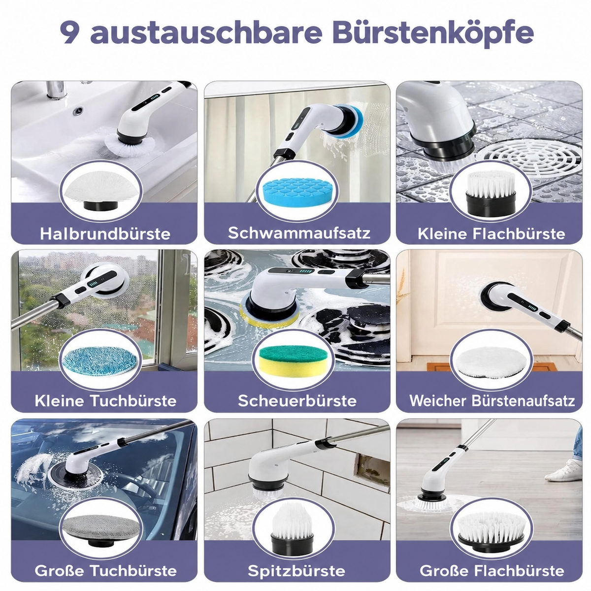 Neun austauschbare Bürstenköpfe für verschiedene Reinigungsarbeiten